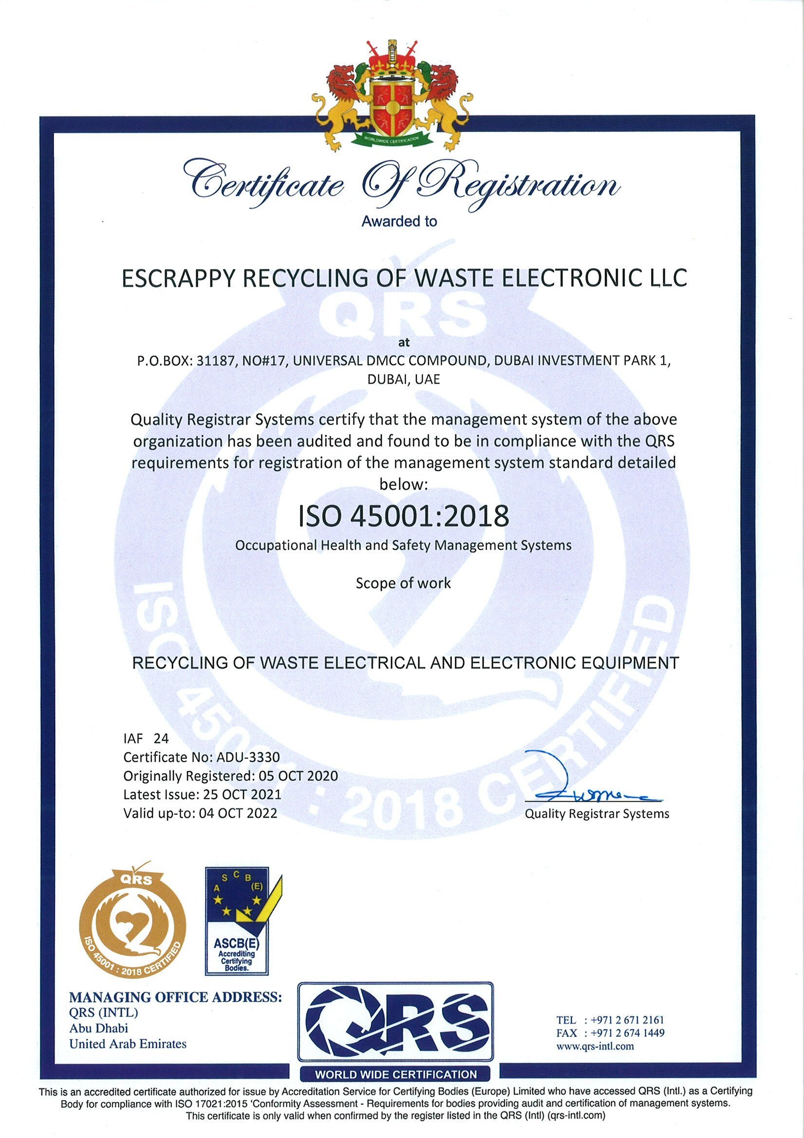 Escrappy ISO 45001 Certifcates